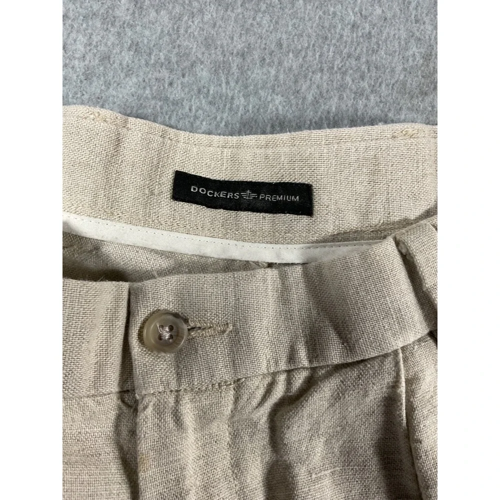 Dockers Premium Mens 33x32 Linen Cotton Pleated Relaxed Fit Cuffed Pants 1482